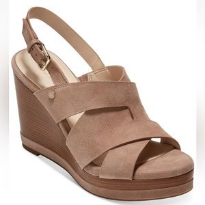 COLE HAAN Laci Suede Platform Wedge Sandals Stone Taupe Womens Size 9 B